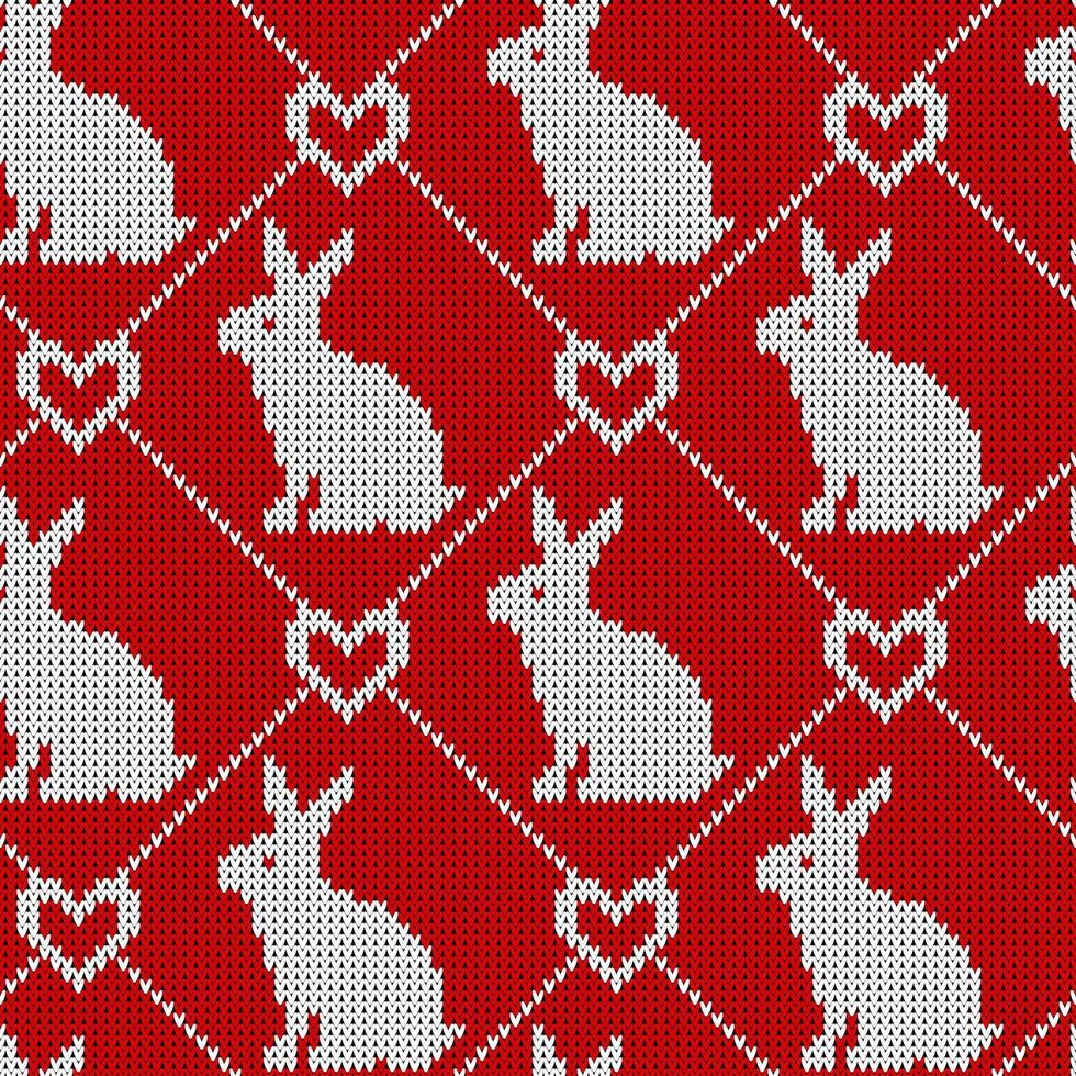 Seamless knitted pattern with rabbit and heart. Funny Christmas background for fabric, wrapping paper and kitchen textile. vector