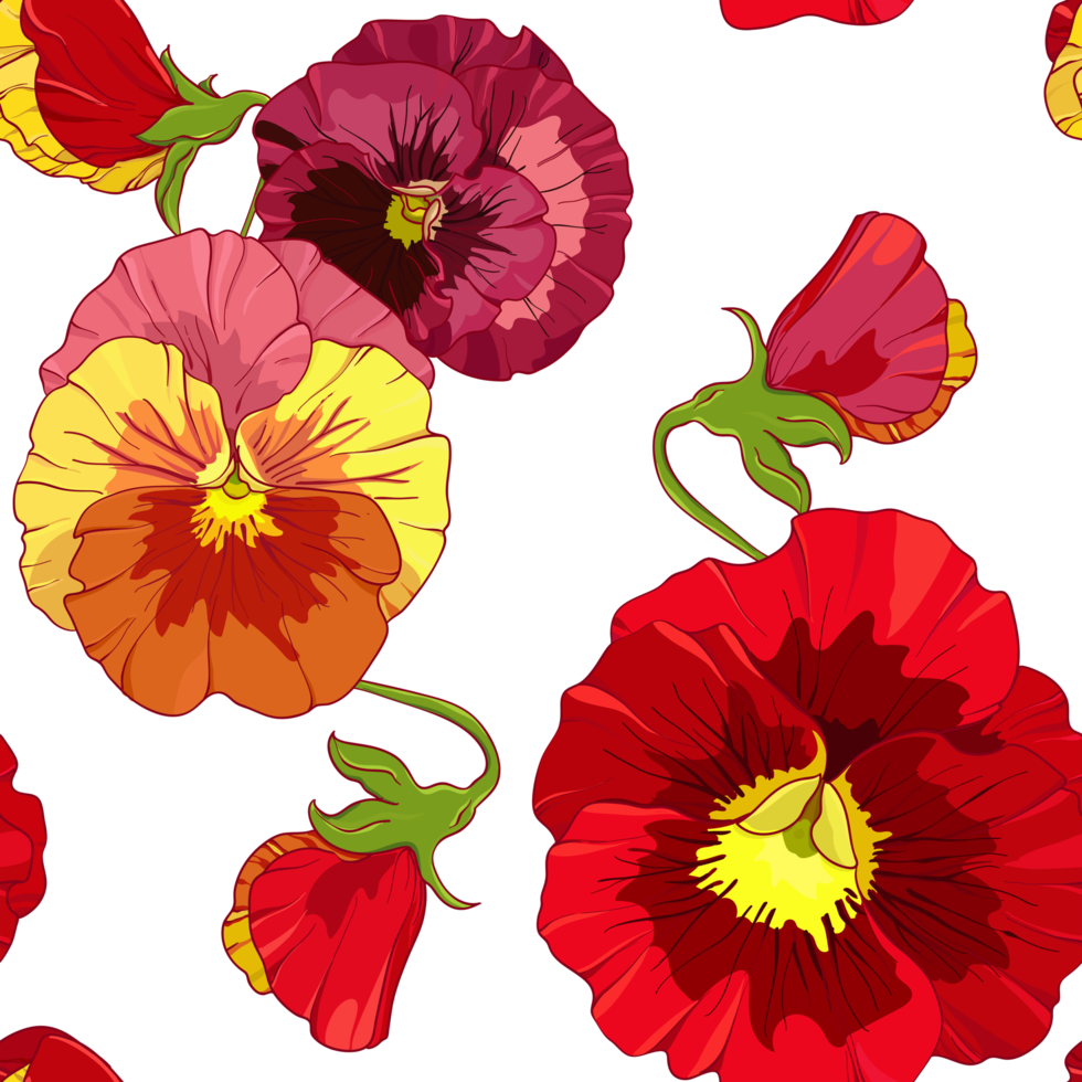 Bright red and orange flowers of pansy . Seamless vector pattern. Hand drawing  illustration. png