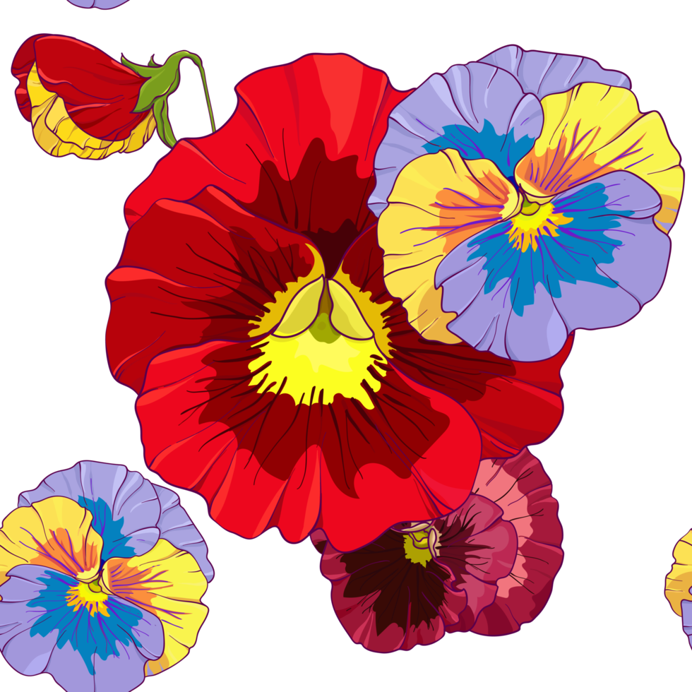 Bright red and orange flowers of pansy . Seamless  pattern. Hand drawing  illustration. png