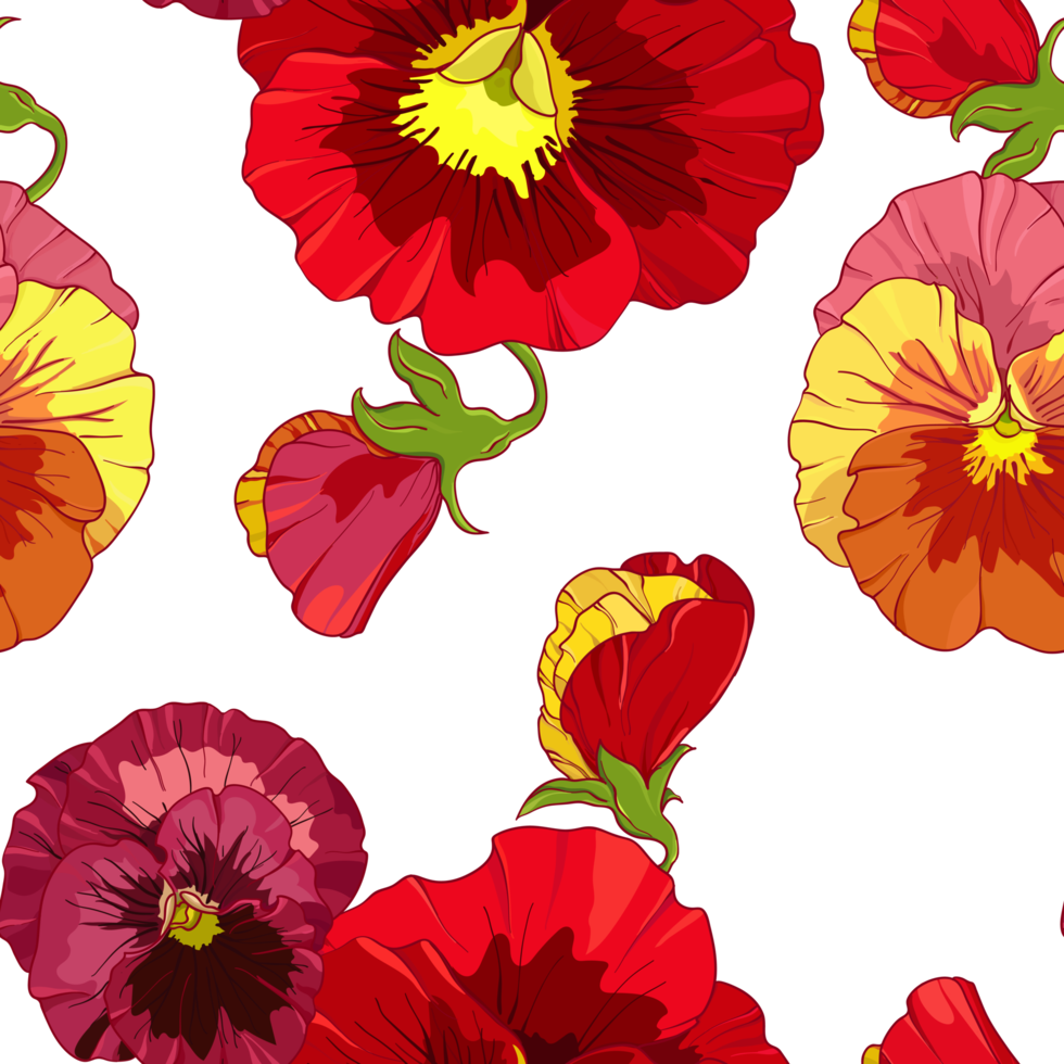 Bright red and orange flowers of pansy . Seamless  pattern. Hand drawing  illustration. png