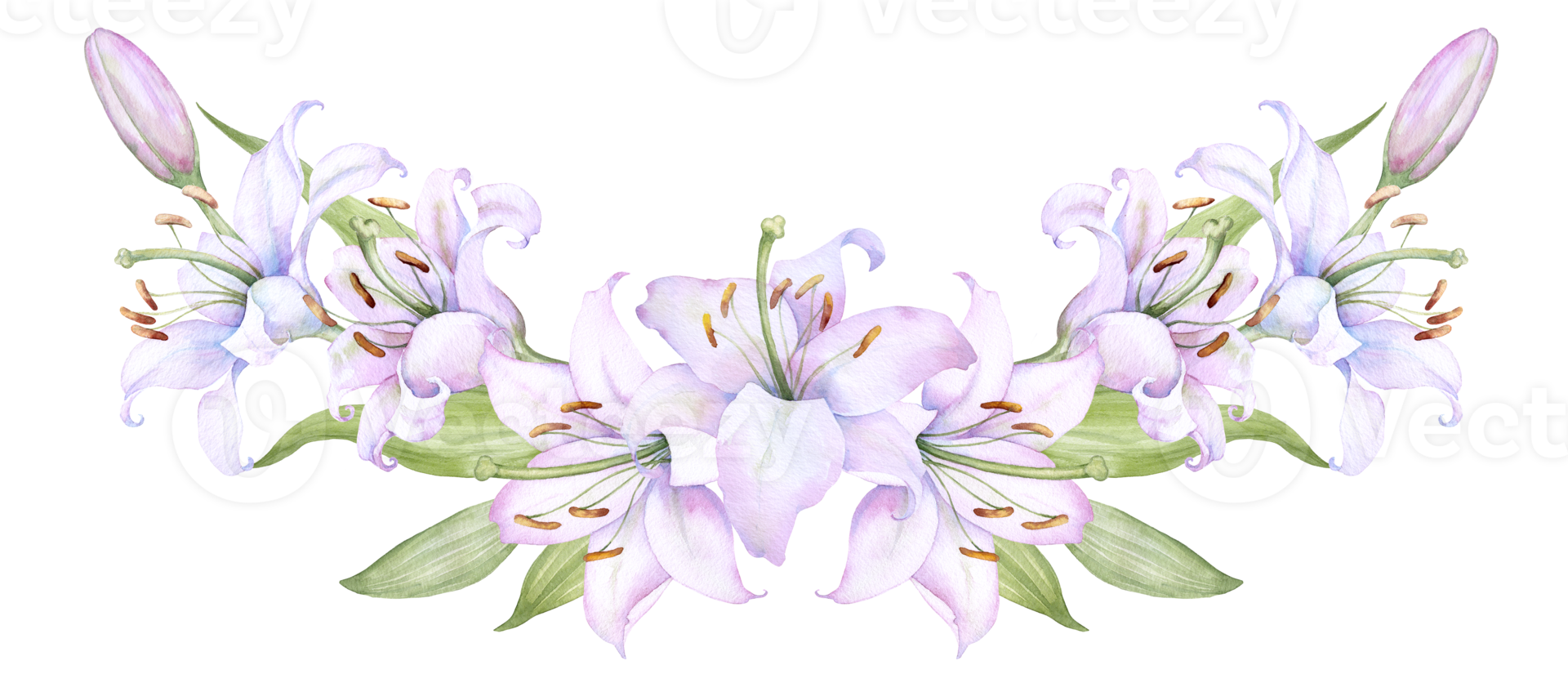 Bouquet white lilies, pink lilies, flowers and buds watercolor flower arrangement png