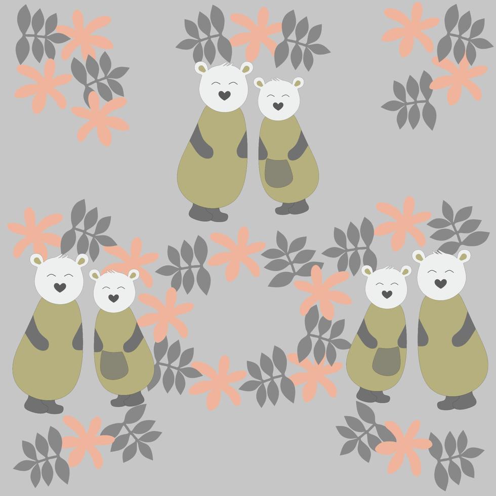 lindo diseño de vector de pareja de koala con estilo kawaii con hojas de flores para fondo de impresión