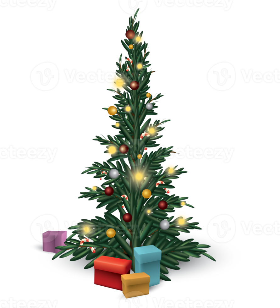 Illustration of Christmas tree decorated with gift box isolated. png