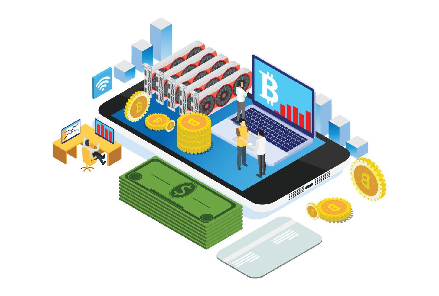 Modern Isometric Smart Bitcoin Mining Illustration, Suitable for Diagrams, Infographics, Book Illustration, Game Asset, And Other Graphic Related Assets vector