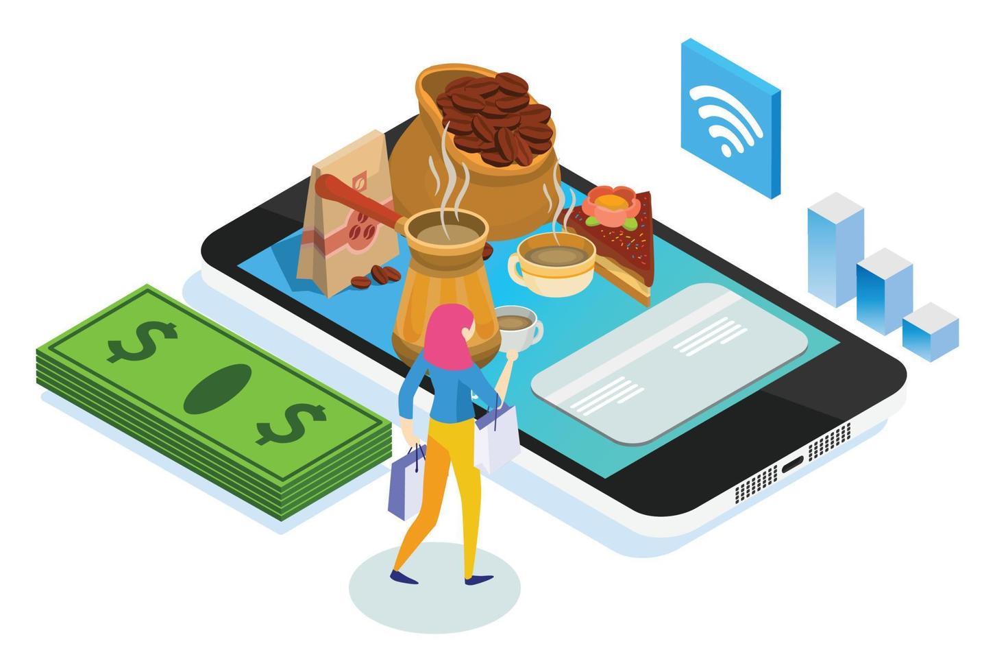 Modern Isometric Smart Cashless Online Grocery Illustration, Suitable for Diagrams, Infographics, Book Illustration, Game Asset, And Other Graphic Related Assets vector