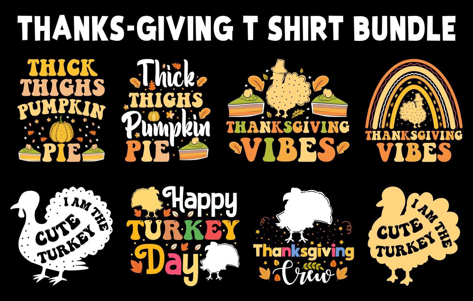paquete de diseño de camisetas del día de acción de gracias, conjunto de camisetas de acción de gracias, día de pavo, vector de calabaza