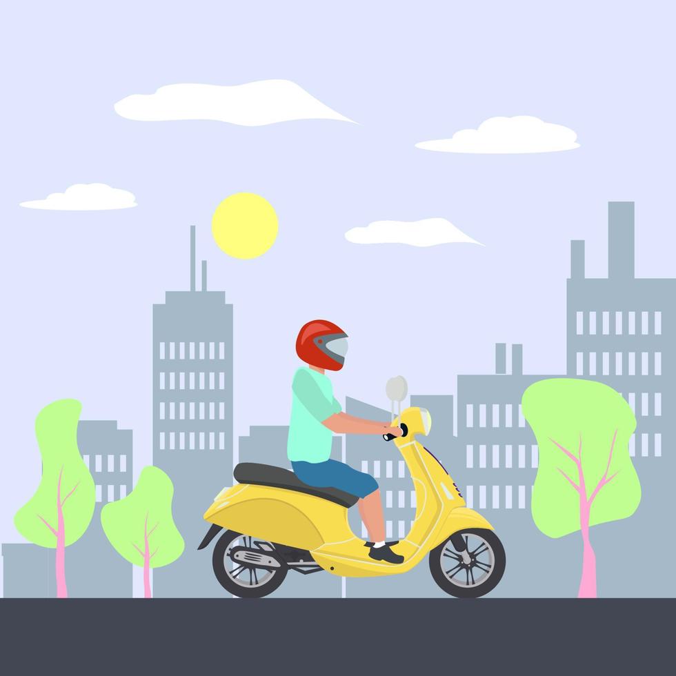 hombre con casco conduciendo scooter en una calle de la ciudad. Ilustración de vector de concepto de transporte urbano