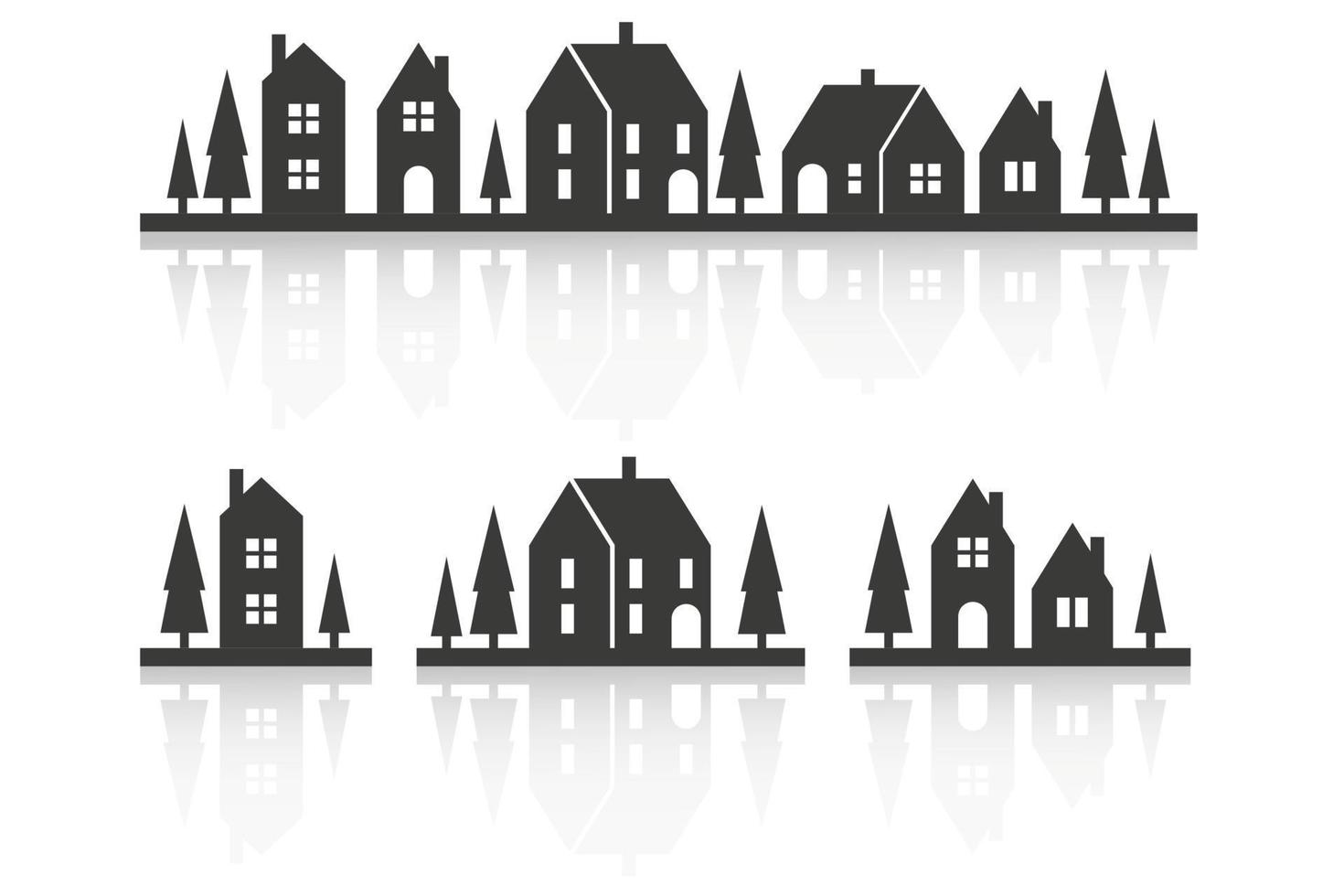 Silhouette of houses on the skyline. Suburban neighborhood landscape. Countryside cottage homes with reflection. Glyph vector illustration.