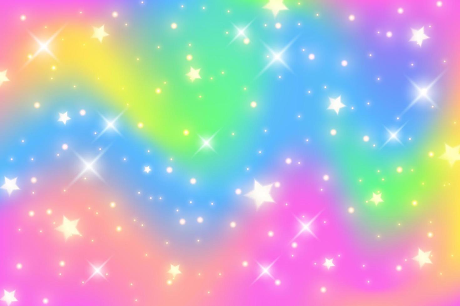 Rainbow unicorn background. Girlie princess sky with stars and sparcles. Gradient holographic fantasy backdrop. Vector abstract iridescent texture.