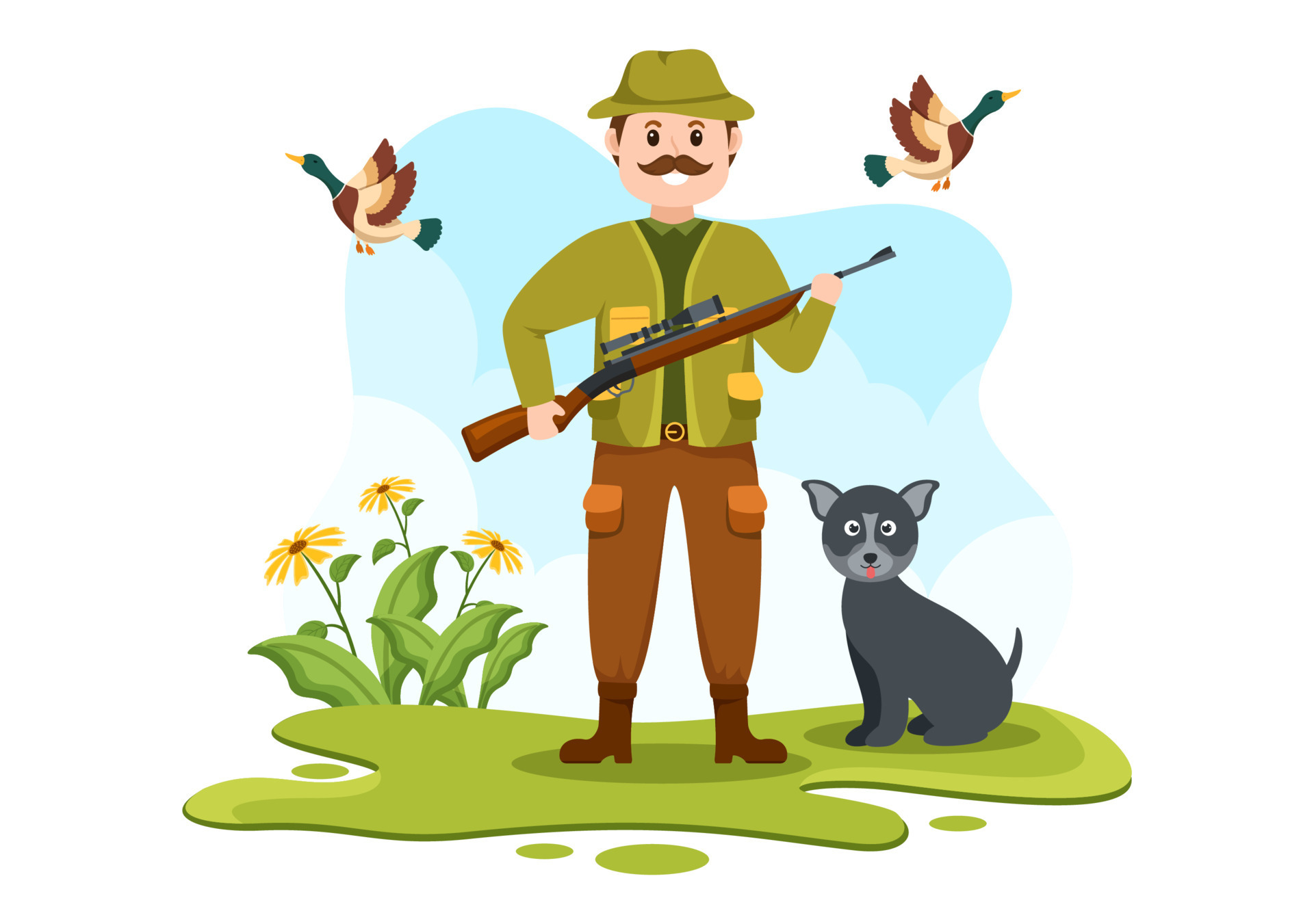 Hunter with Hunting Rifle or Weapon Shooting to Birds or Animals in the  forest on Flat Cartoon Hand Drawing Template Illustration 13211496 Vector  Art at Vecteezy