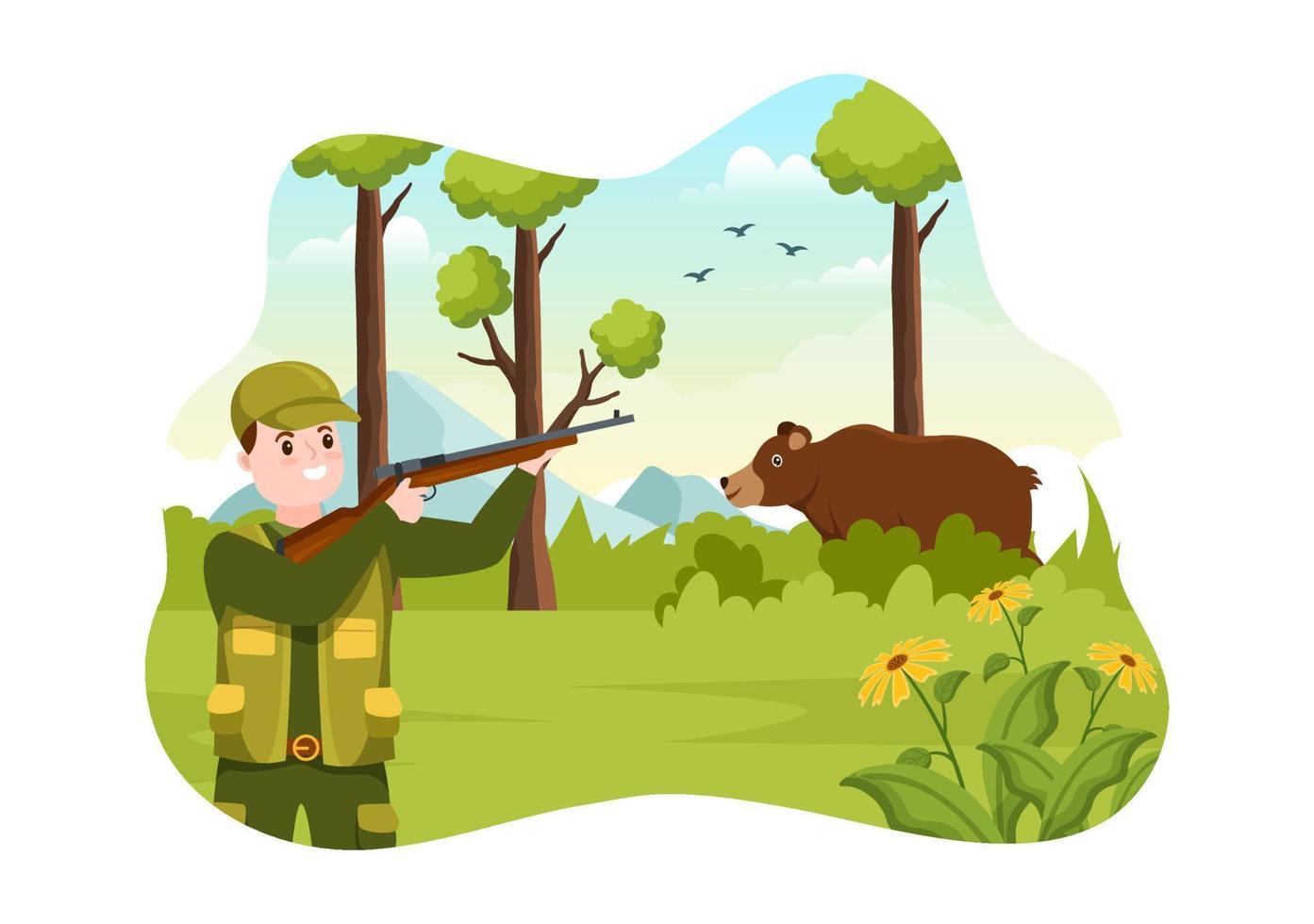 cazador con rifle de caza o arma disparando a aves o animales en el bosque en dibujos animados planos ilustración de plantilla de dibujo a mano vector