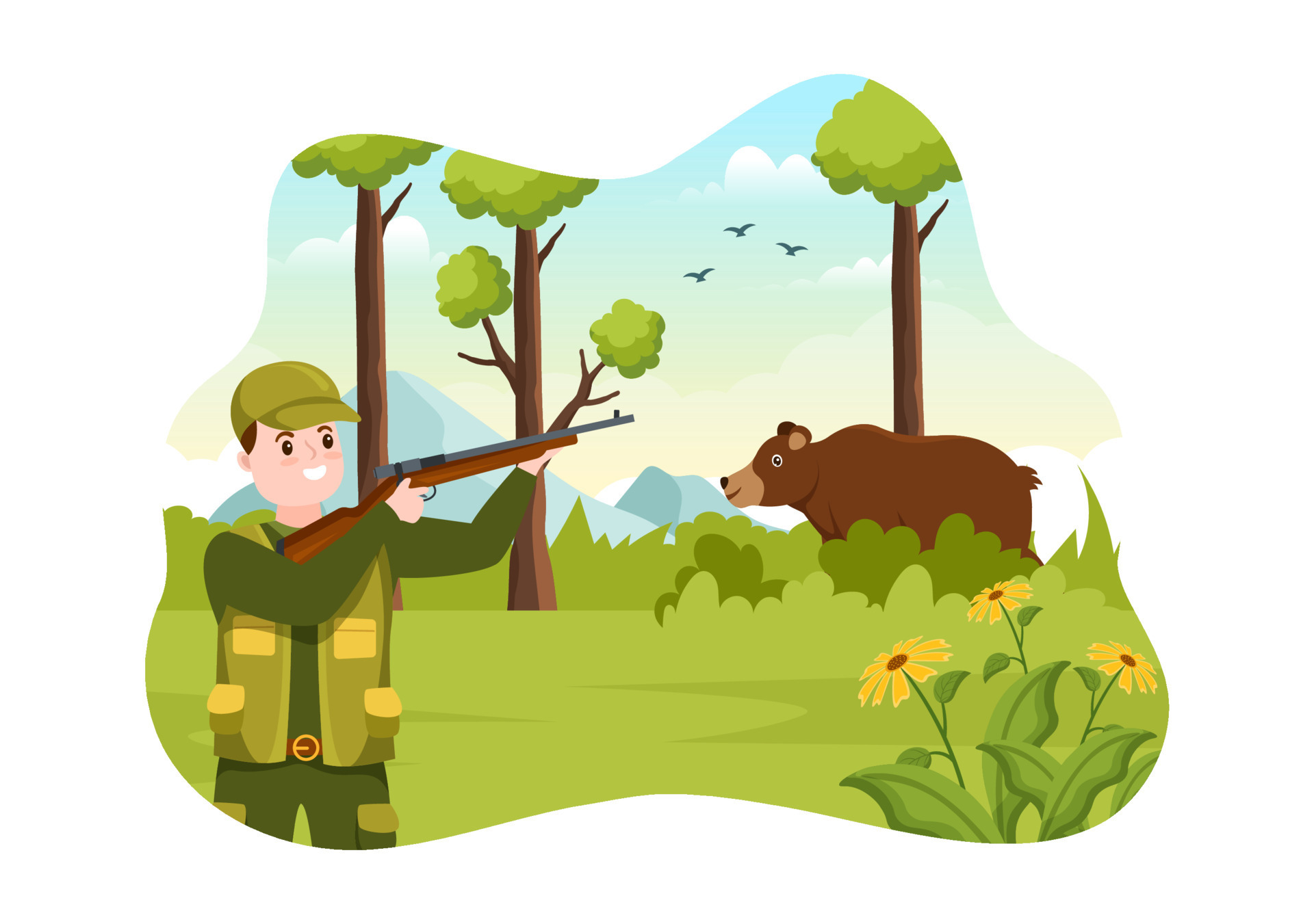 Hunter with Hunting Rifle or Weapon Shooting to Birds or Animals in the  forest on Flat Cartoon Hand Drawing Template Illustration 13211504 Vector  Art at Vecteezy