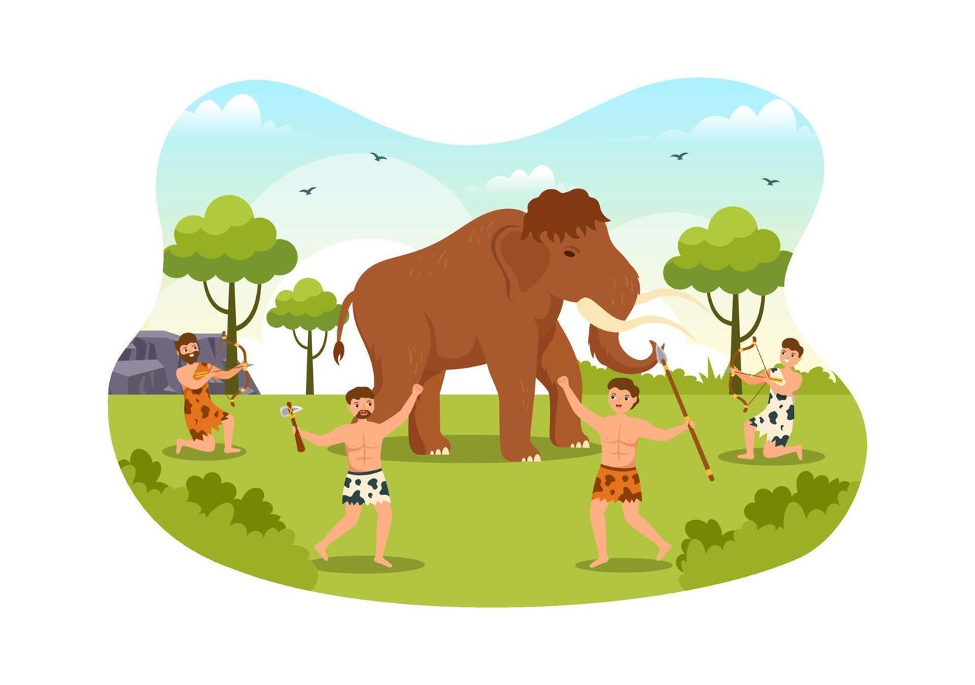 Prehistoric Stone Age Tribes Hunting Large Animals with Weapon in Flat Cartoon Hand Drawing Template Illustration vector