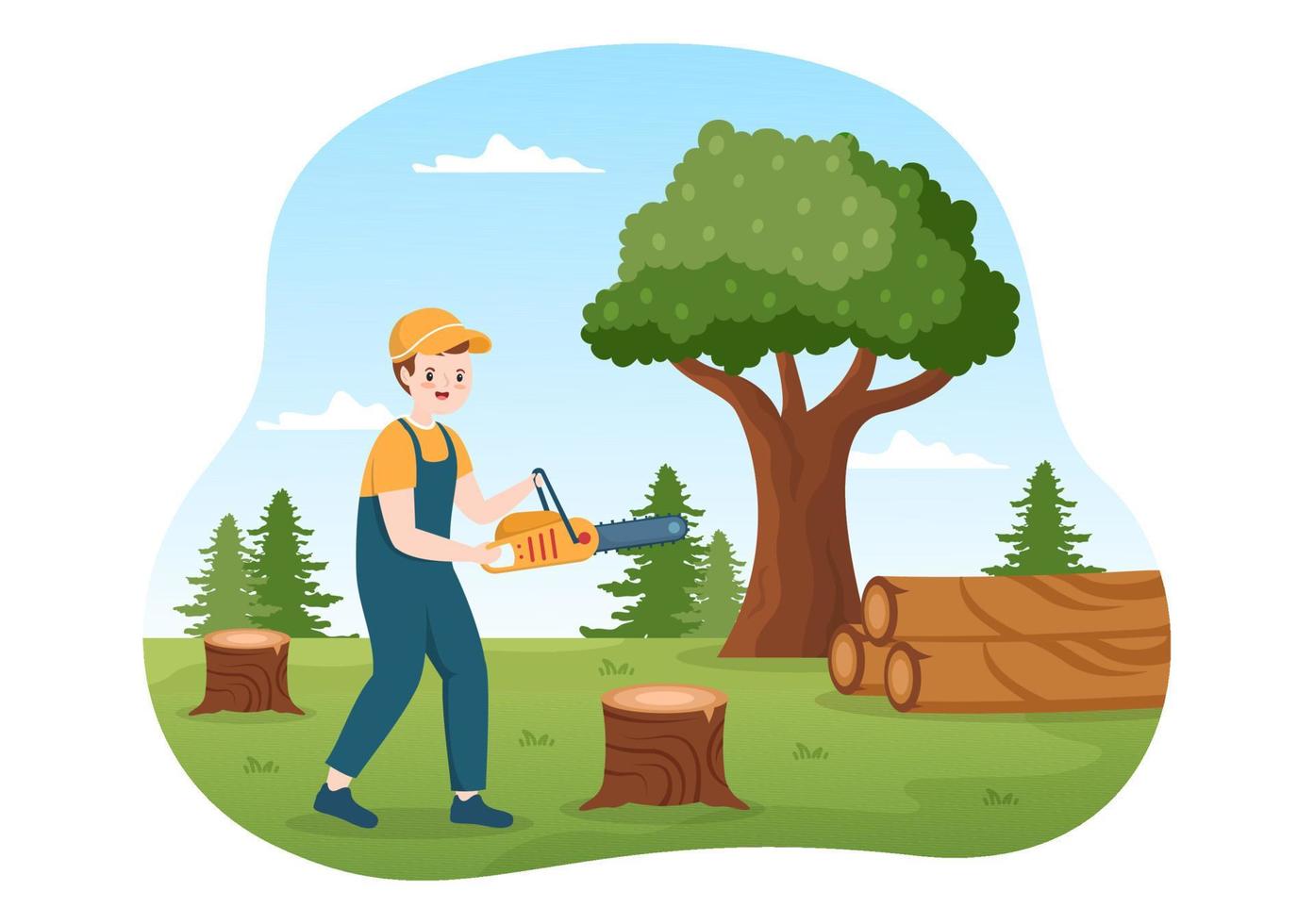 People Tree Cutting and Timber with Truck, Chainsaw Wooden and Tools Logging in the Forest on Flat Cartoon Hand Drawn Templates Illustration vector