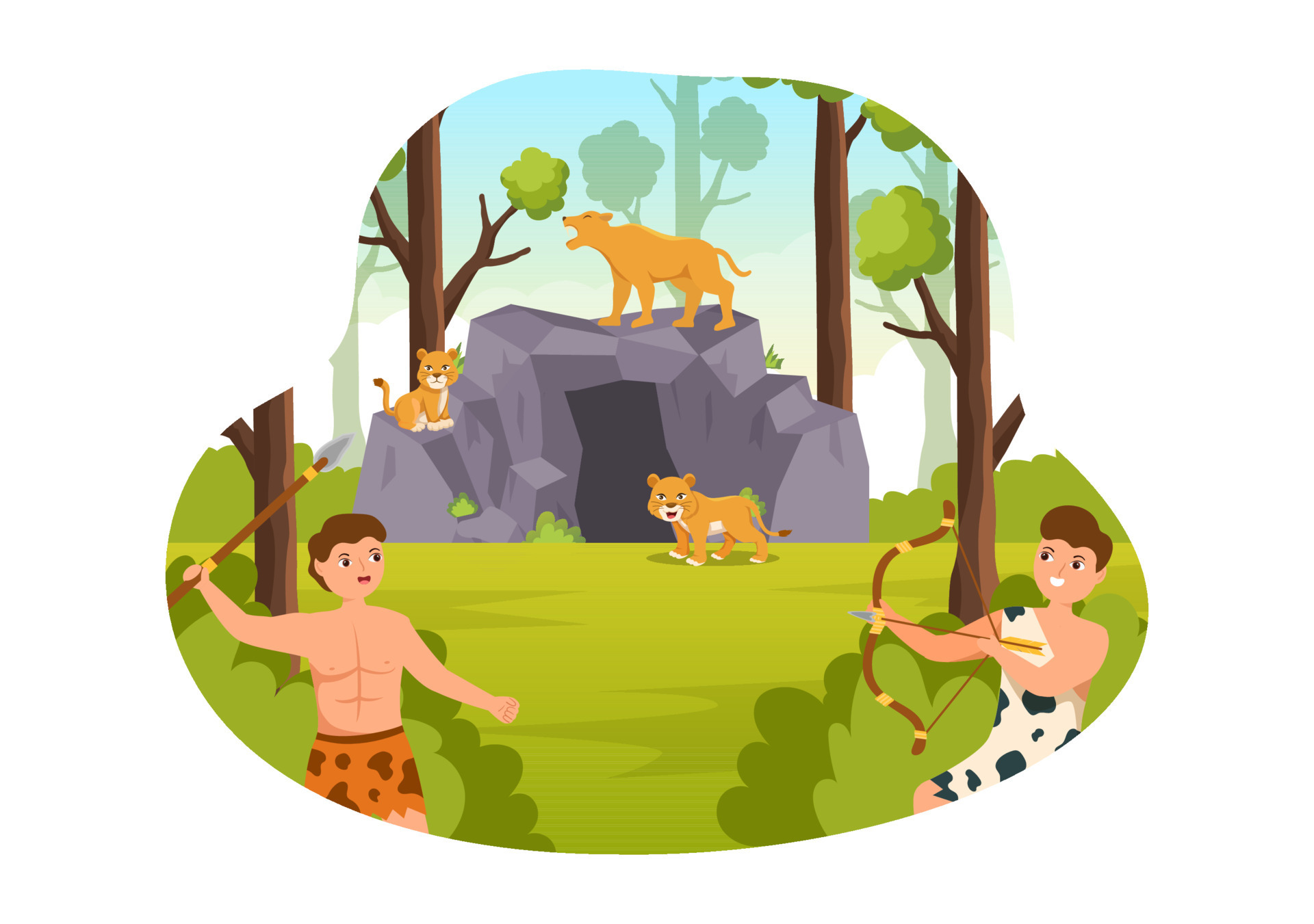 Prehistoric Stone Age Tribes Hunting Large Animals with Weapon in Flat