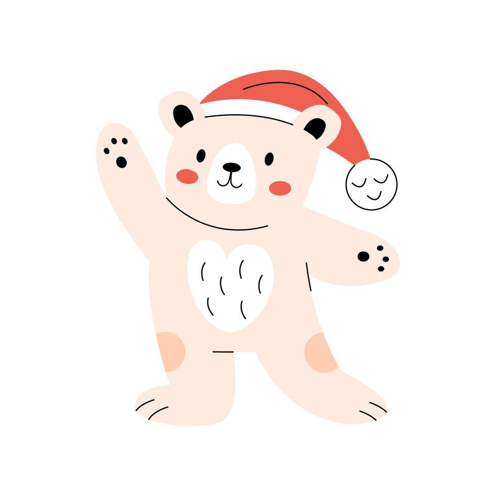 Cute smiling polar bear wearing red Santa hat vector