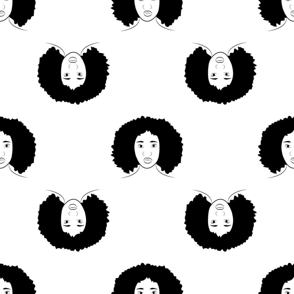 Black females silhouettes, face profile, vignette. Afro woman in profile. Hand drawn vector seamless pattern on white background. Design for invitation, greeting card, vintage style.