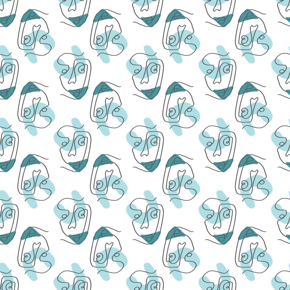 Surreal Faces One Line Seamless Pattern . Abstract Minimalistic Art design for print, cover, wallpaper, Minimal and natural wall art. Vector illustration on white background.
