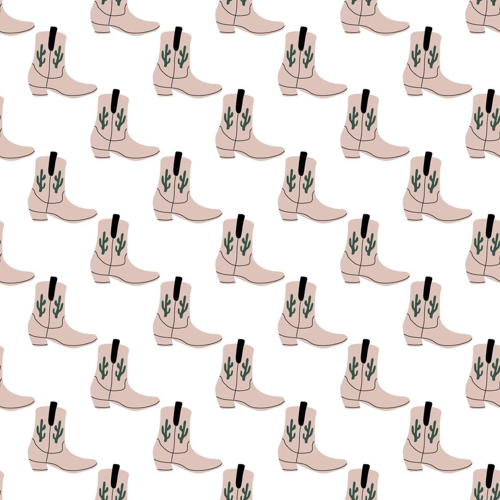 Cowboy boots with ornament seamless pattern. Wild west theme. Hand drawn colored trendy vector illustration on white background