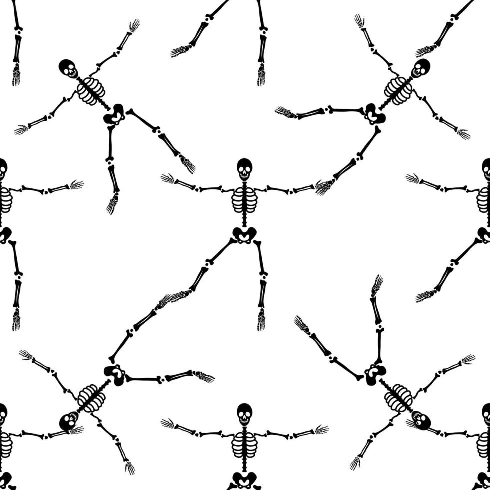 Black skeletons in various poses pattern. Halloween design. Perfect for fall, holidays, fabric, textile. Seamless repeat swatch. vector