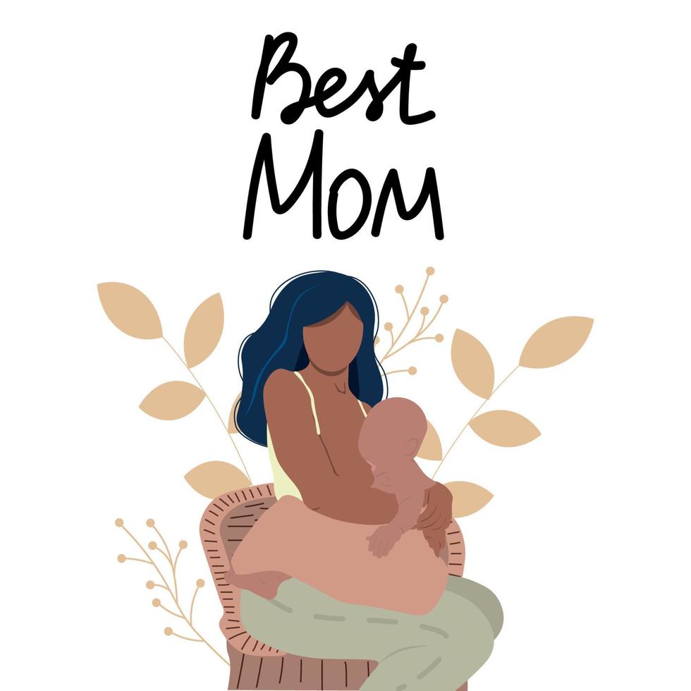 Mother feeding a baby. Breastfeeding illustration, Happy Mother's Day lettering. Perfect for card, flaer, gifts, poster, banner, birthday cards. vector