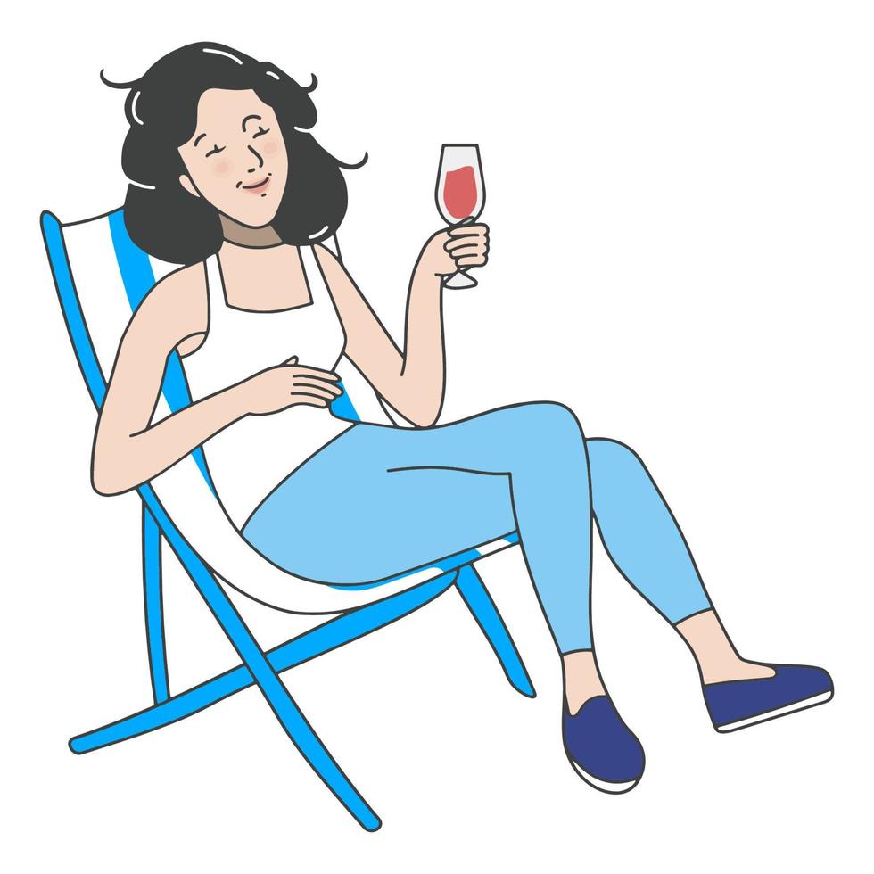 ilustración chica relajándose en la playa con un cóctel vector