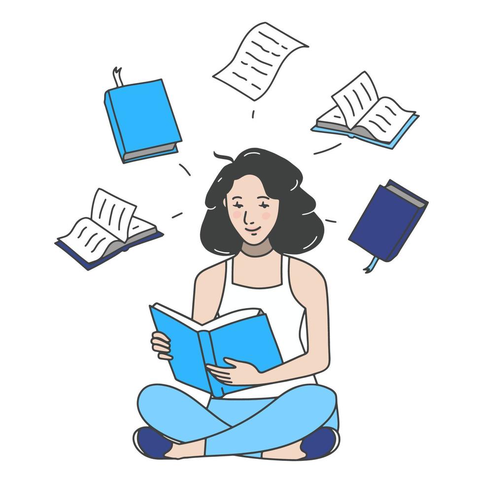 illustration girl studying and reading books vector