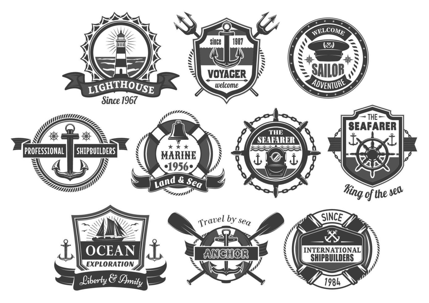 conjunto de iconos heráldicos marinos náuticos vectoriales vector