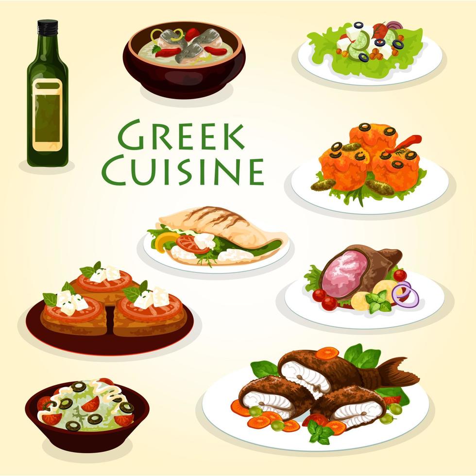 Greek dinner icon with mediterranean cuisine food vector