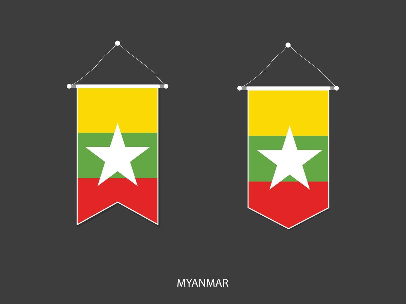 bandera de myanmar en varias formas, vector de banderín de bandera de fútbol, ilustración vectorial.