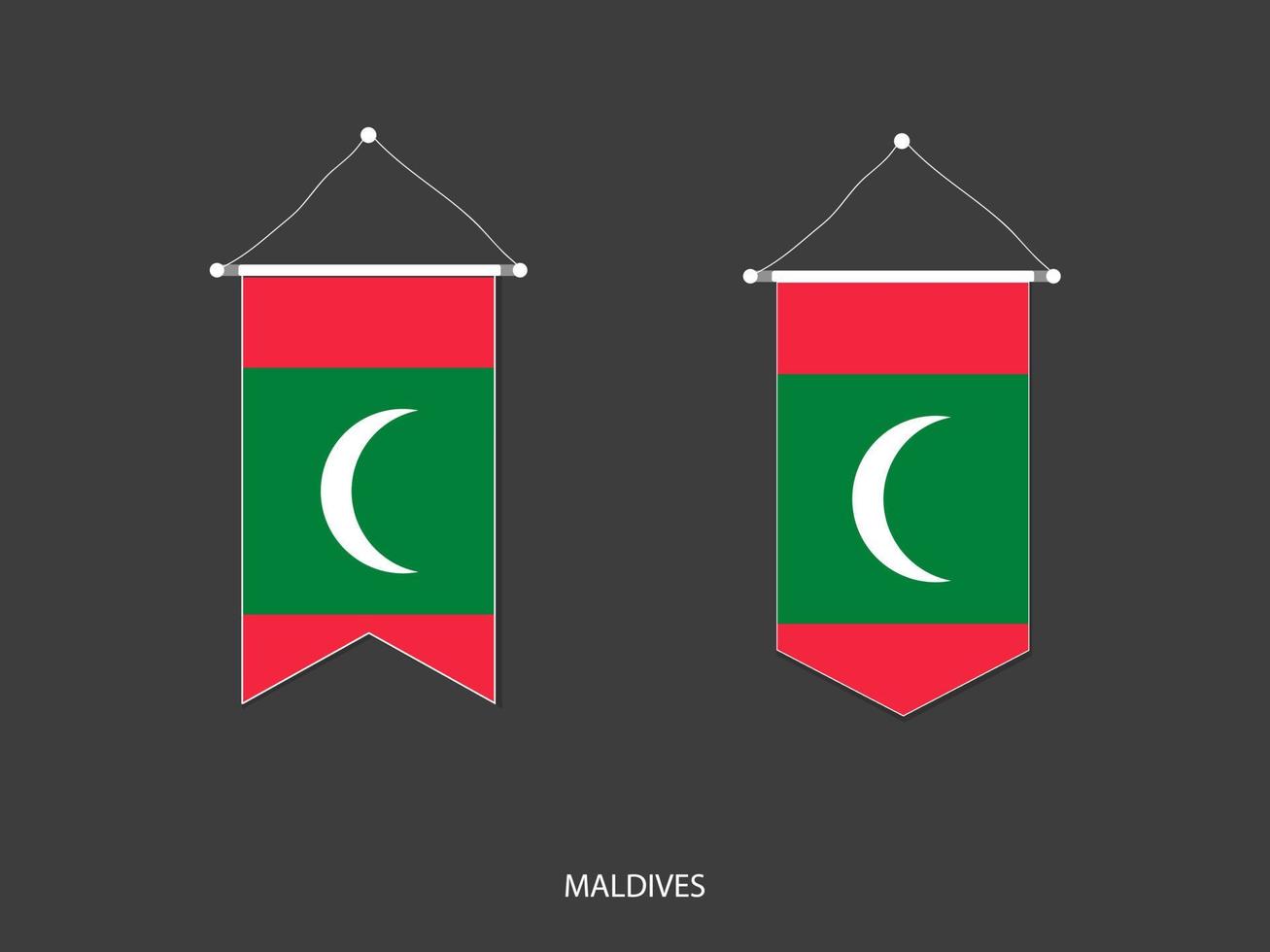 bandera de maldivas en varias formas, vector de banderín de bandera de fútbol, ilustración vectorial.