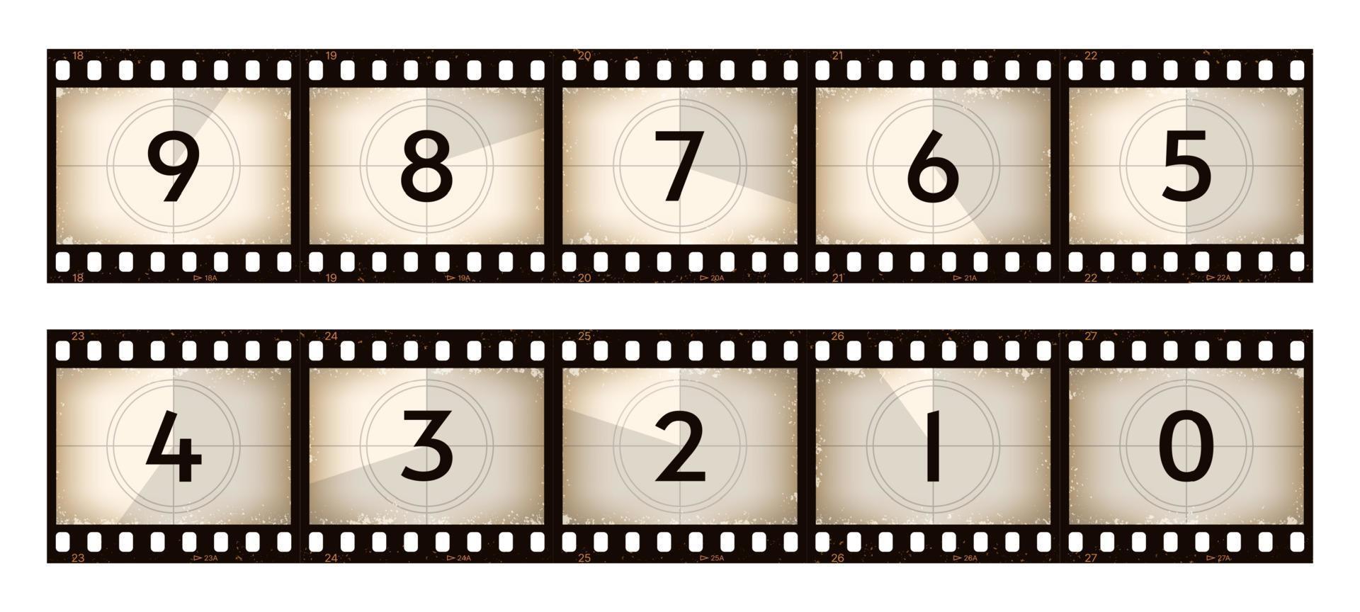 Movie filmstrip time countdown, grunge film strip vector