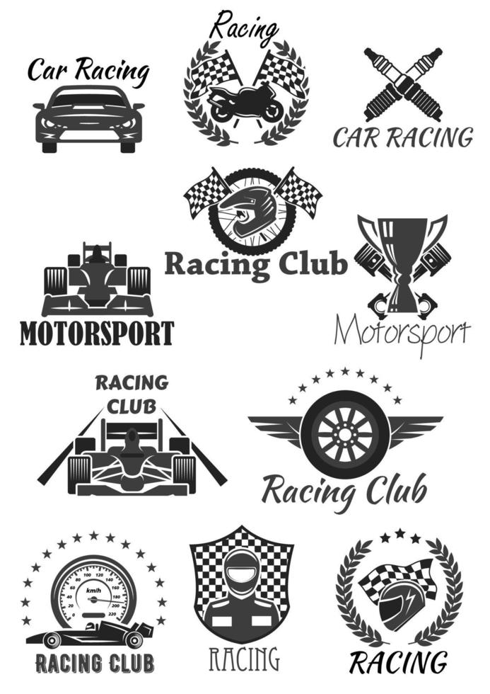 club de carreras y conjunto de símbolos aislados de automovilismo vector