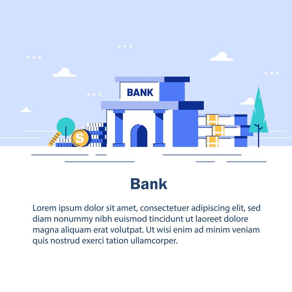bank building, bank financing, money exchange, financial services, ATM, Concept for web page,flat design icon vector illustration