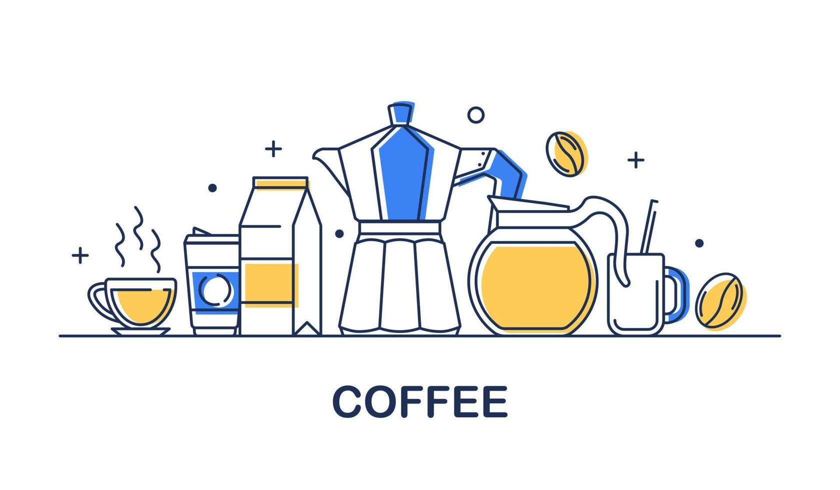 concepto de diseño de banner de vector de café, estilo plano con iconos de arte de línea delgada sobre fondo blanco