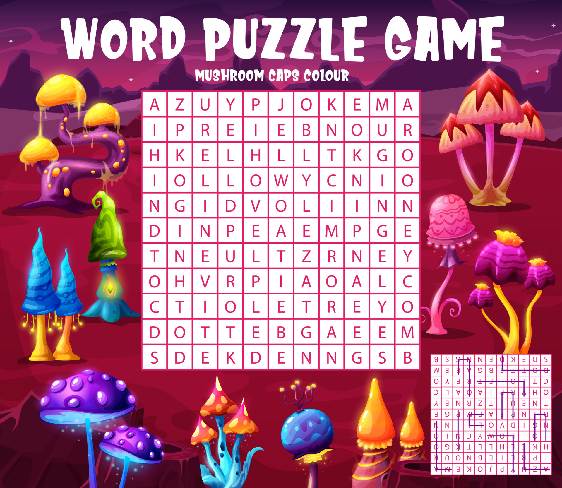 Word search puzzle, quiz game with alien mushrooms 13212886 Vector Art