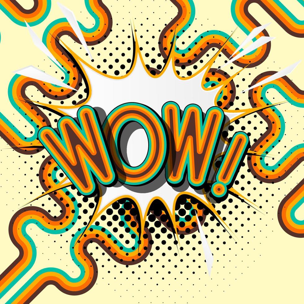 wow - letras retro con sombras, patrón de medios tonos en el fondo del cartel retro. ilustración vectorial brillante en estilo de arte pop vintage. vector