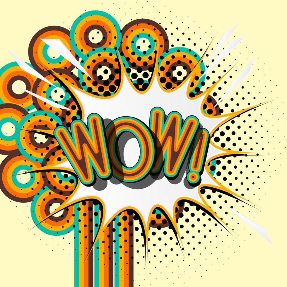 WOW retro lettering with shadows, halftone pattern on retro poster  background. Vector bright illustration in vintage pop art style.
