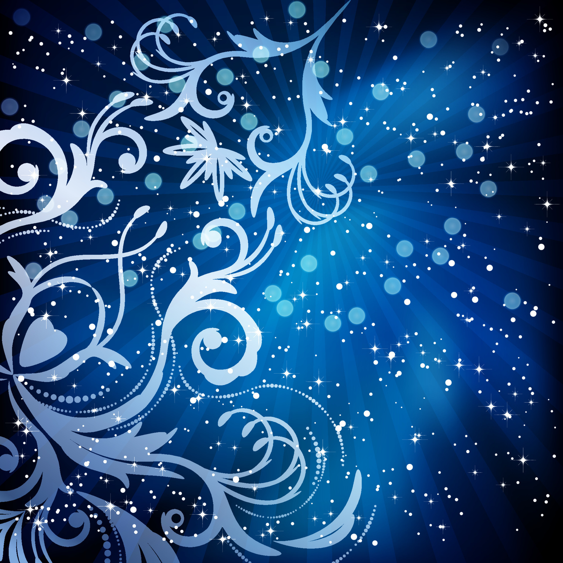 Abstract floral pattern on a blue background, made of transparent rays