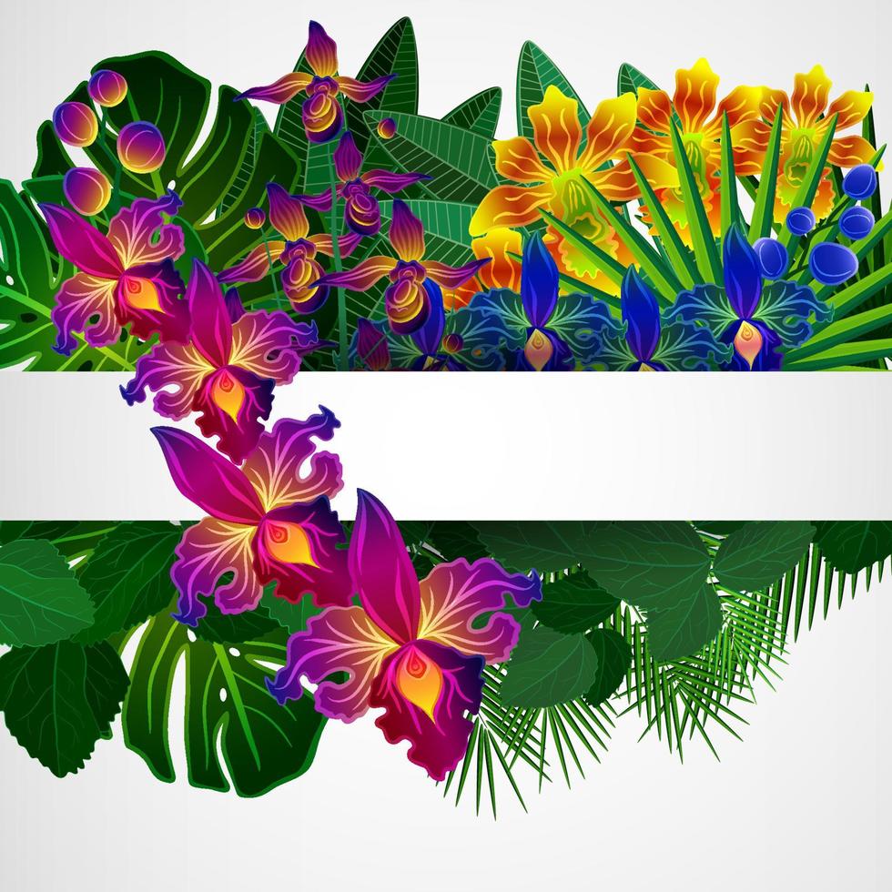 Tropical flowers and leaves. Floral design background. vector