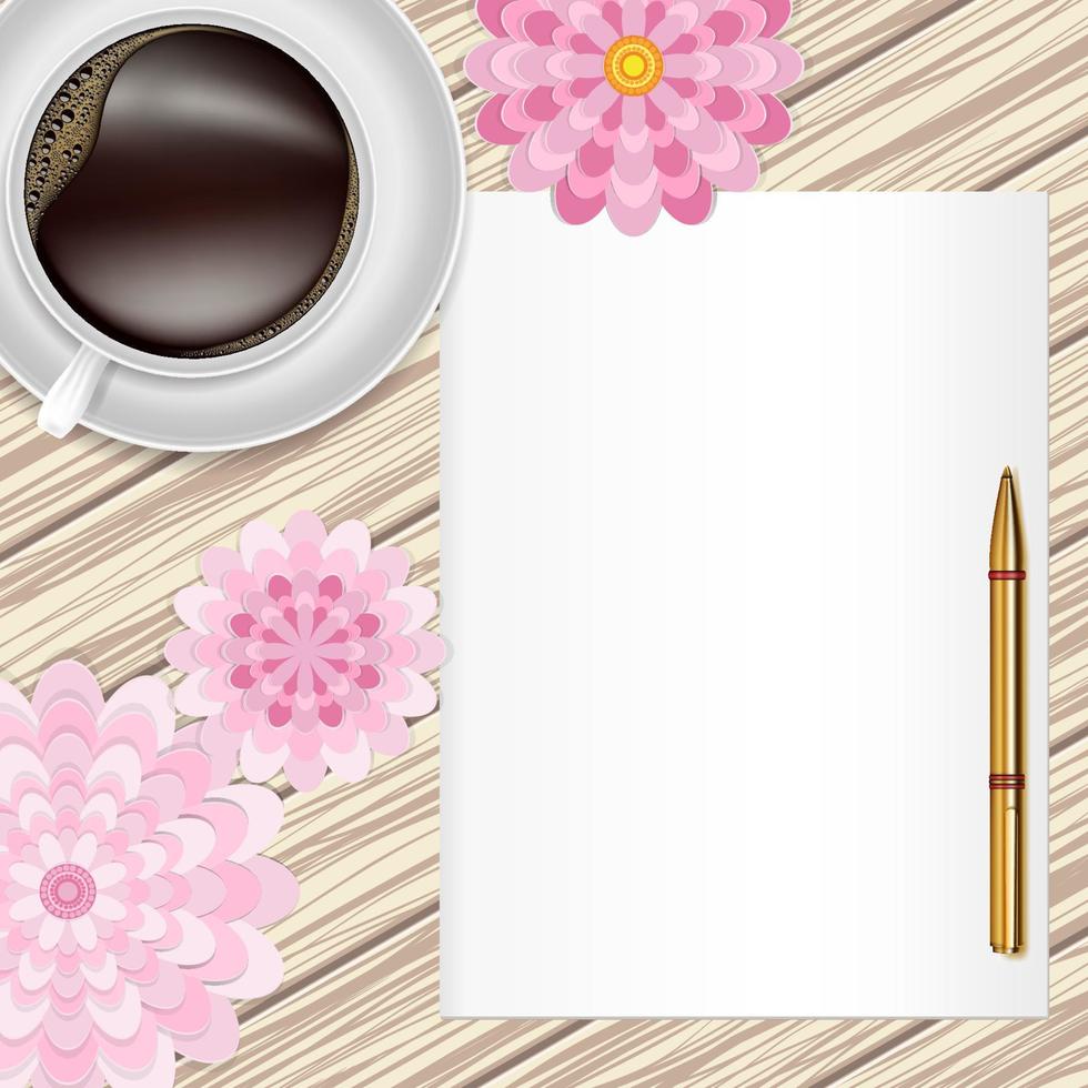 Cup of coffee, flowers, pen and paper on a wooden table. Greeting floral card. Vector flat lay design.