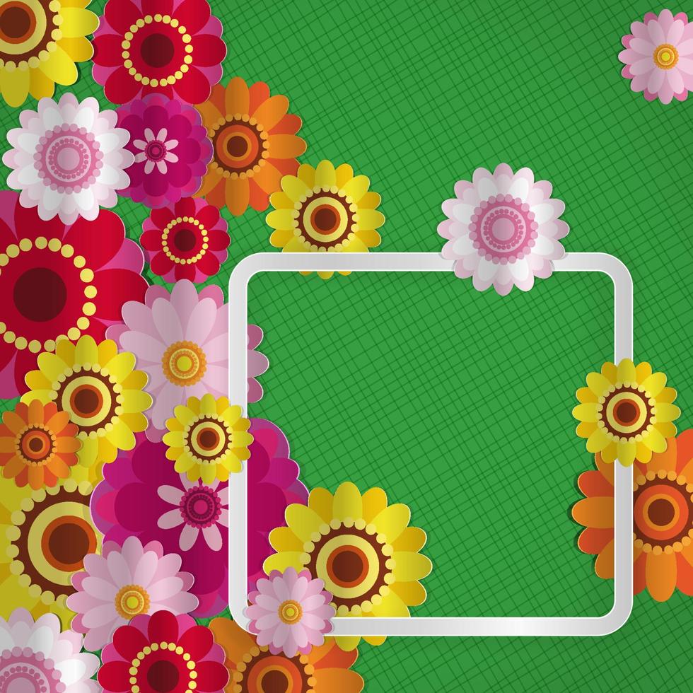 Spring congratulatory floral background. Festive paper flowers on a square light frame. Shaded noble green background. Vector greeting card with a holiday on March 8, Mother's Day, birthday.