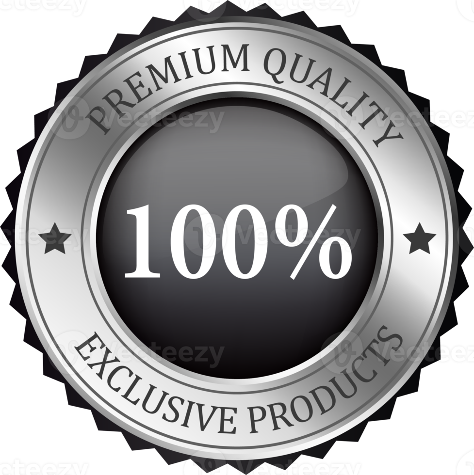 Realistic silver 100 percent labels and badges. Silver labels and badges of seal quality product illustration. png