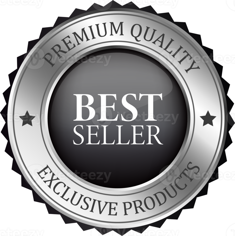 Realistic silver best seller labels and badges. Silver labels and badges of seal quality product illustration. png
