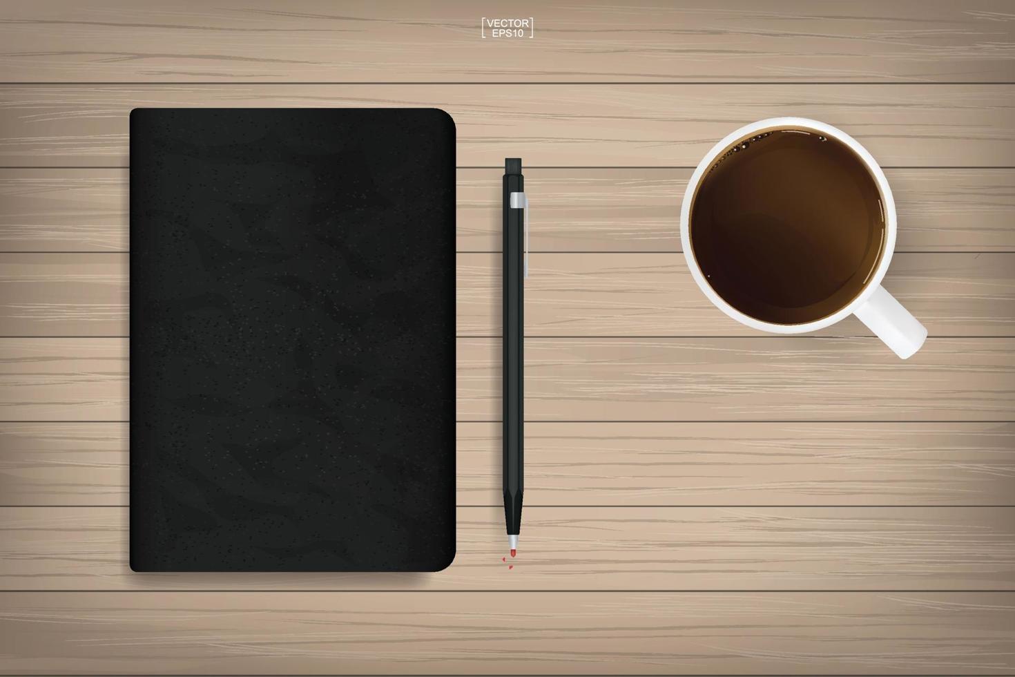 Memory book with black cover texture and coffee cup on wood background. Vector illustration.