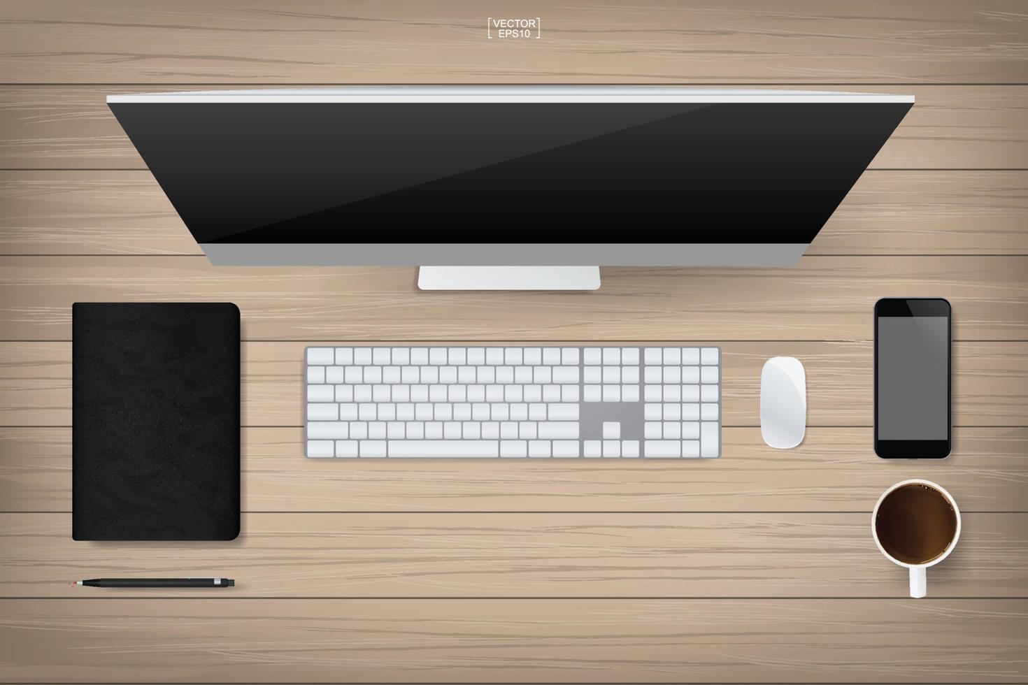 Wood office table with computer and office supplies. Top view of working area space for template design. Vector. vector