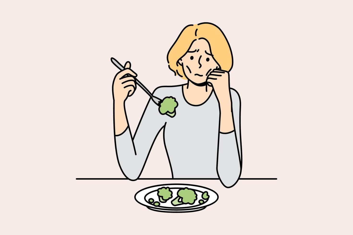 Unhappy anorexic woman suffer eating food. Upset stressed skinny female struggle with meal disorder. Health problem and healthcare. Vector illustration.