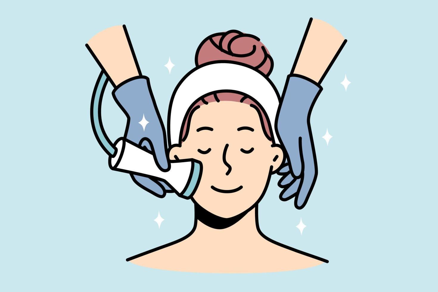 Woman enjoy face skin treatment in saloon. Happy calm female client having microdermabrasion peeling in spa. Skincare routine. Vector illustration.