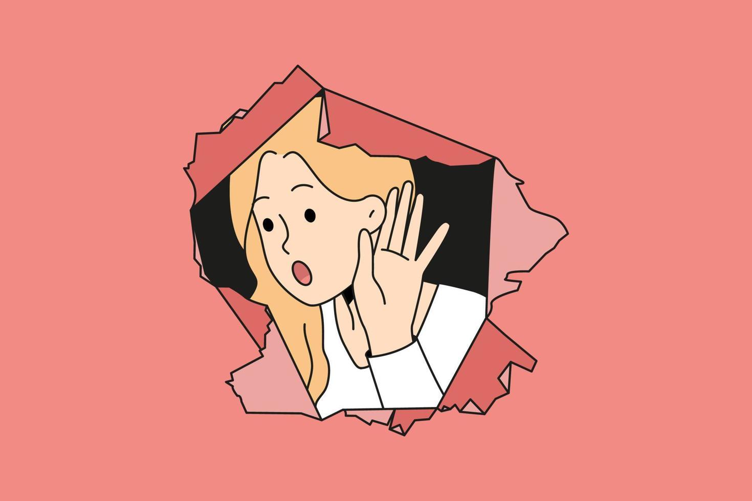 Young woman peep through paper hole hold hand near ear hearing gossips and secrets. Curious girl excited about secret hidden information and news. Censorship and rumors. Vector illustration.