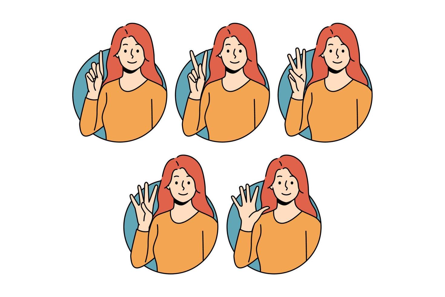 Set of smiling woman showing numbers with hand gesture. Happy girl demonstrate numeric combinations with fingers. Body language, nonverbal communication. Vector illustration.